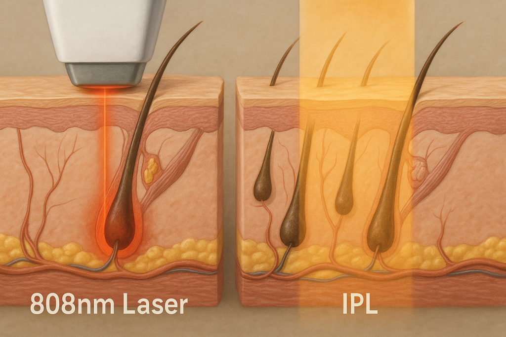 808nm Diode Laser Hair Removal: Permanent Results & Why It Dominates 2025's At-Home Beauty Tech 3 Visualization of 808nm laser targeting hair follicles compared to IPL