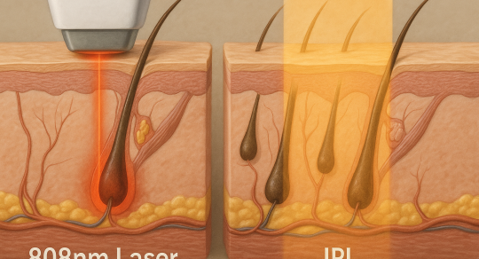 Visualization of 808nm laser targeting hair follicles compared to IPL