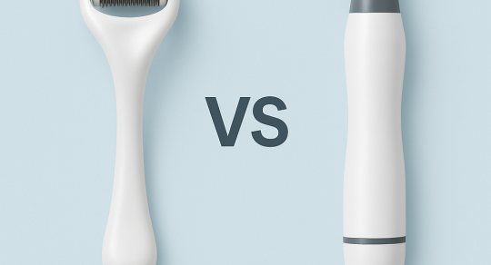 Comparison of traditional derma roller vs modern microneedling machine – illustrating design and technology differences in skin rejuvenation devices