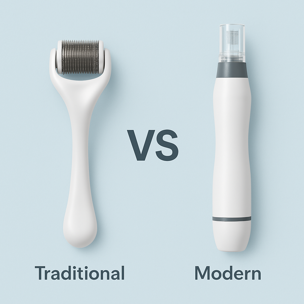 Comparison of traditional derma roller vs modern microneedling machine – illustrating design and technology differences in skin rejuvenation devices