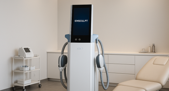 2025 aesthetic clinic setup showcasing a full-size Emsculpting machine