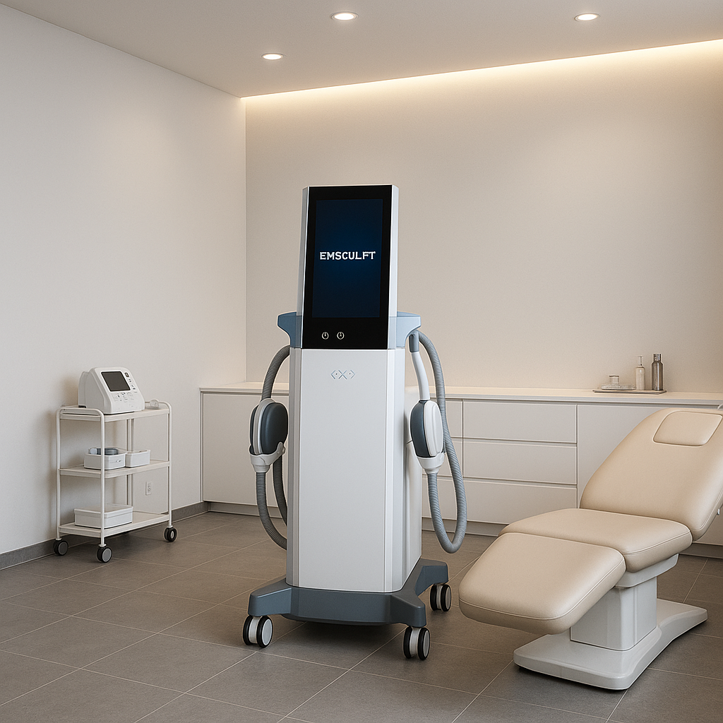 The Future of Body Sculpting: How Emsculpt Technology is Revolutionizing Muscle Building and Fat Loss by 2025 5 2025 aesthetic clinic setup showcasing a full-size Emsculpting machine
