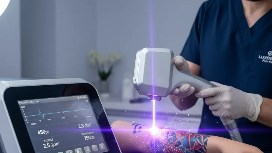 A professional male aesthetician in medical scrubs and safety glasses operating a picosecond laser tattoo removal machine on a client's arm, showcasing advanced laser technology in a modern clinic setting with glowing purple laser light hitting a colorful tattoo.