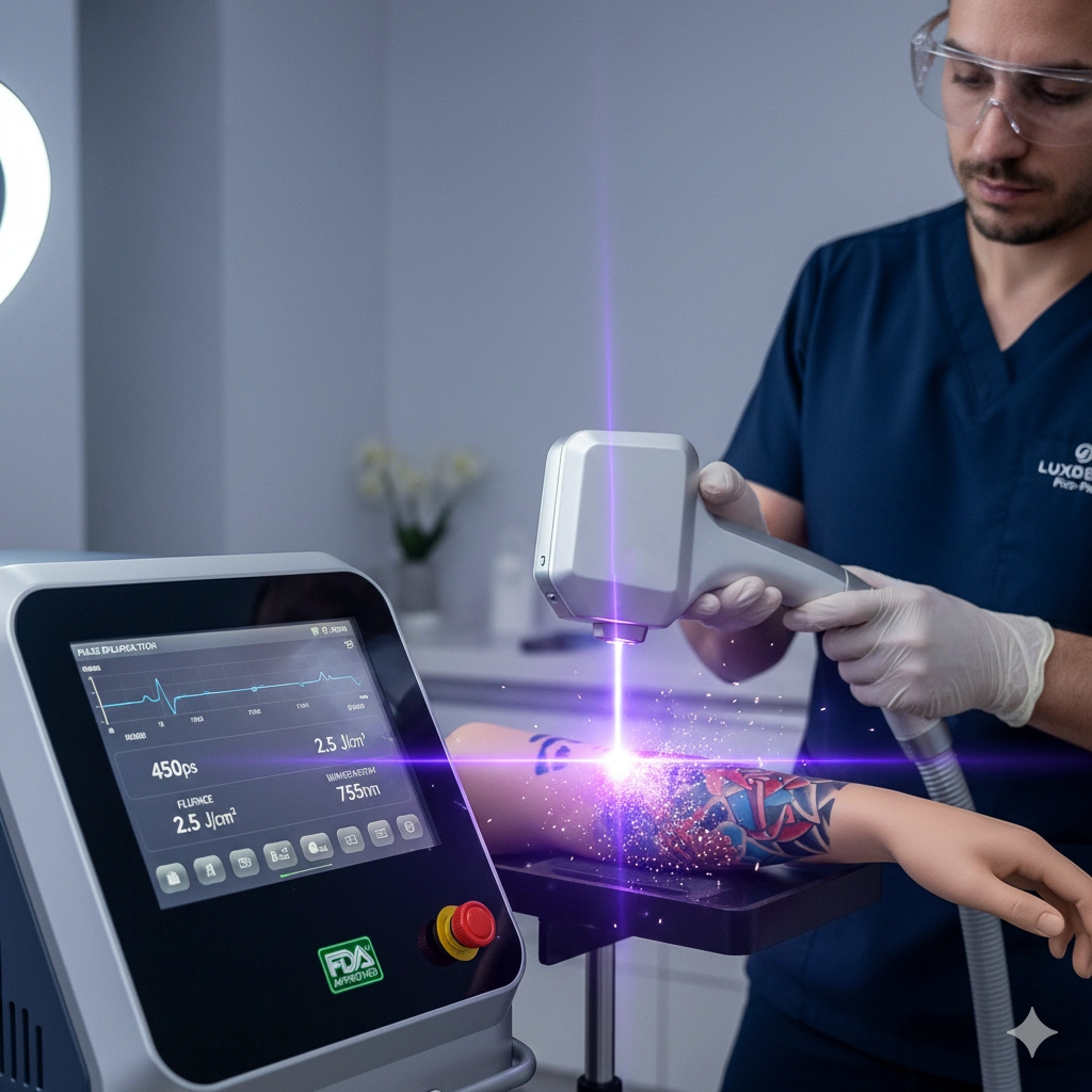 A professional male aesthetician in medical scrubs and safety glasses operating a picosecond laser tattoo removal machine on a client's arm, showcasing advanced laser technology in a modern clinic setting with glowing purple laser light hitting a colorful tattoo.