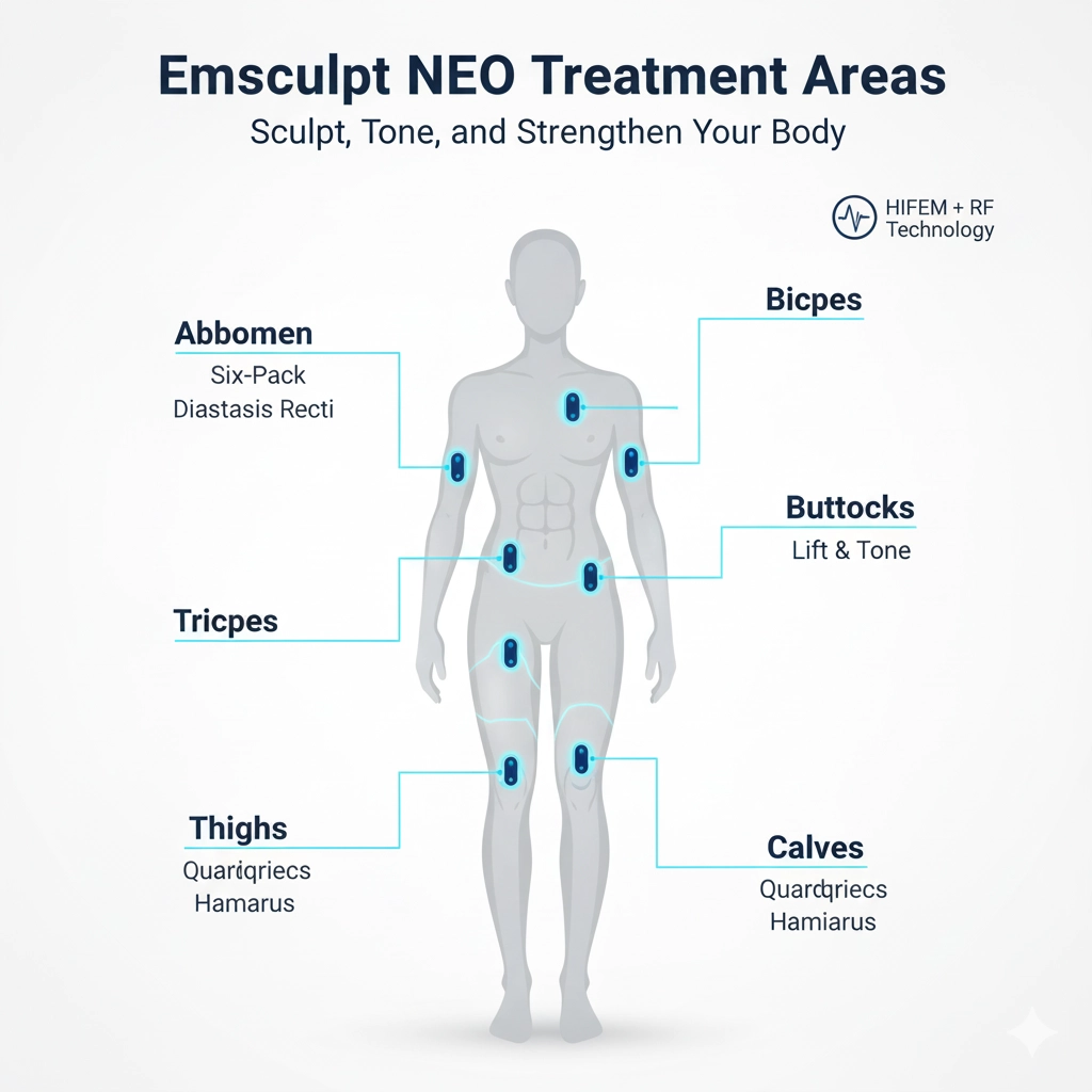 What is HIFEM? Your Ultimate Guide to Emsculpt NEO & Body Sculpting (2025) 2 Body map of Emsculpt NEO HIFEM treatment areas including abs, glutes, and arms.