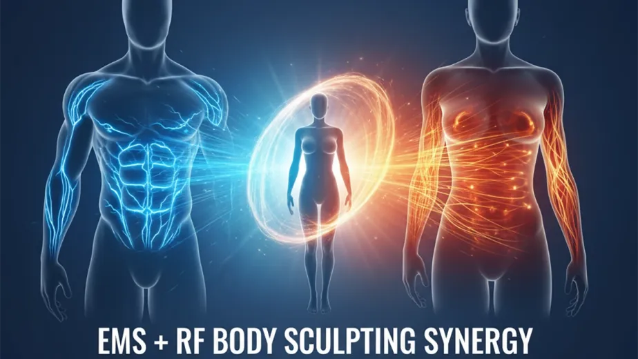 Cover image illustrating the synergy of EMS and RF body sculpting technologies to enhance muscle tone, reduce fat, and tighten skin for a complete body transformation.