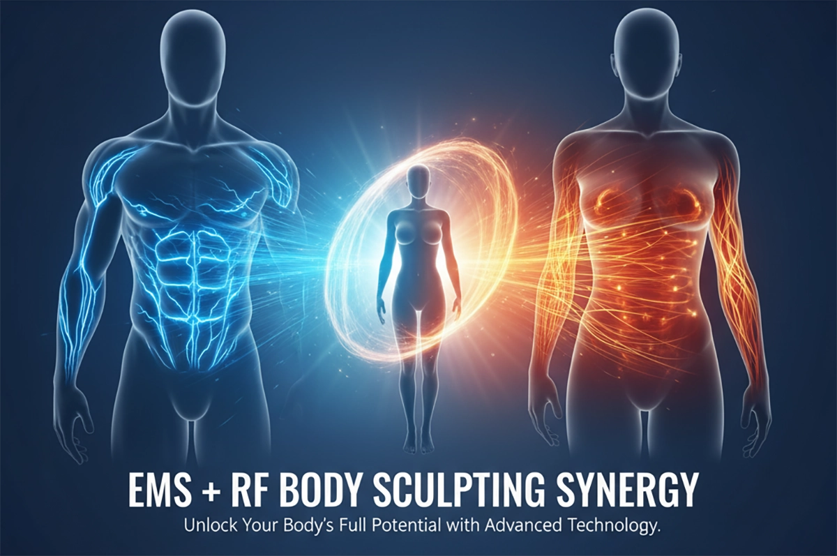 Cover image illustrating the synergy of EMS and RF body sculpting technologies to enhance muscle tone, reduce fat, and tighten skin for a complete body transformation.
