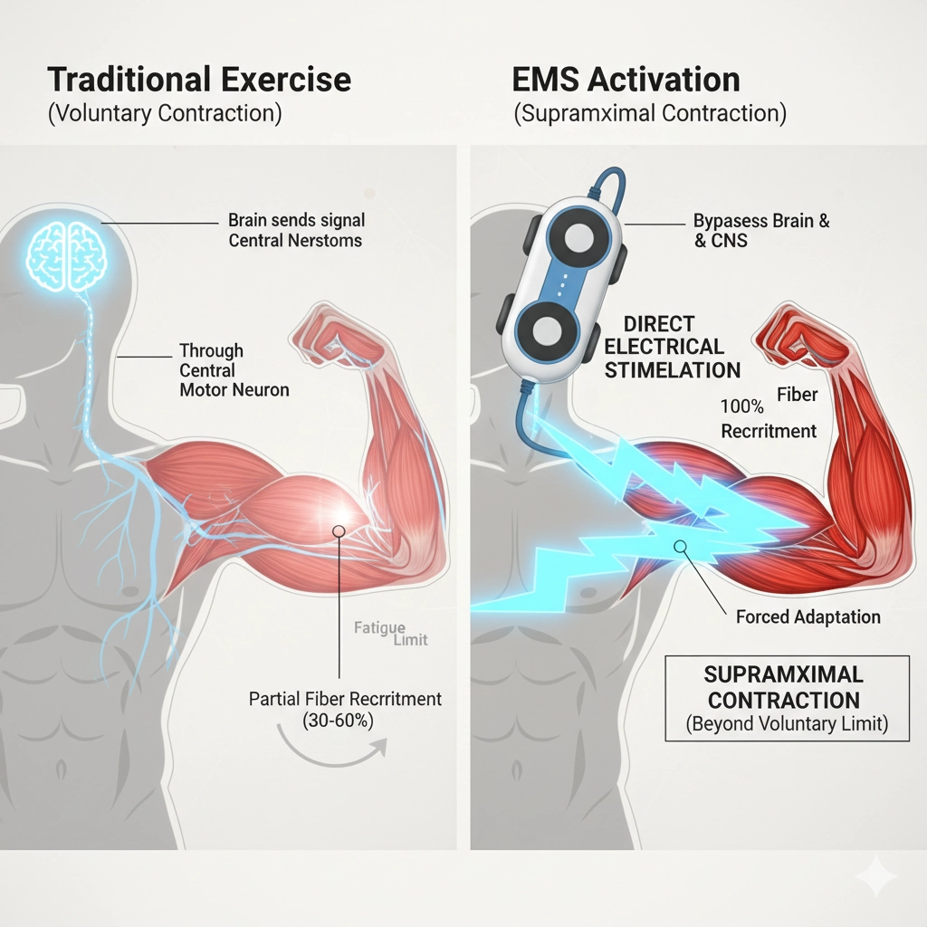 The Definitive Guide to EMS + RF Body Sculpting: The Science of Muscle, Fat, and Skin Synergy 1 Diagram comparing muscle activation in traditional exercise versus EMS, showing how EMS bypasses the brain to induce a supramaximal contraction for greater fiber recruitment.
