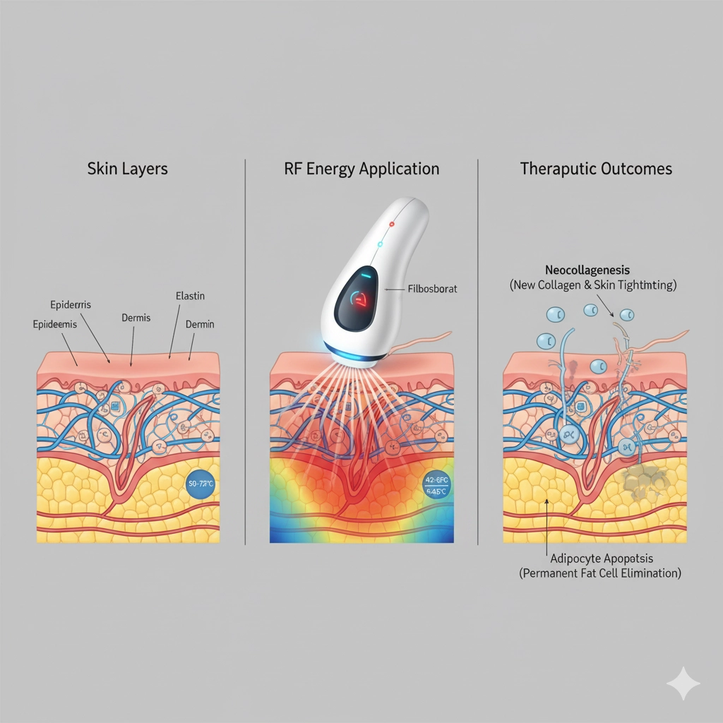 The Definitive Guide to EMS + RF Body Sculpting: The Science of Muscle, Fat, and Skin Synergy 2 Infographic showing how Radio Frequency (RF) energy penetrates skin layers to trigger neocollagenesis for skin tightening and adipocyte apoptosis for permanent fat cell elimination.