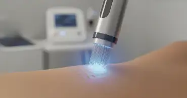 A high-tech RF Microneedling device tip touching the skin, surrounded by a blue aura of energy, illustrating the precise aesthetic treatment for skin remodeling and collagen regeneration.