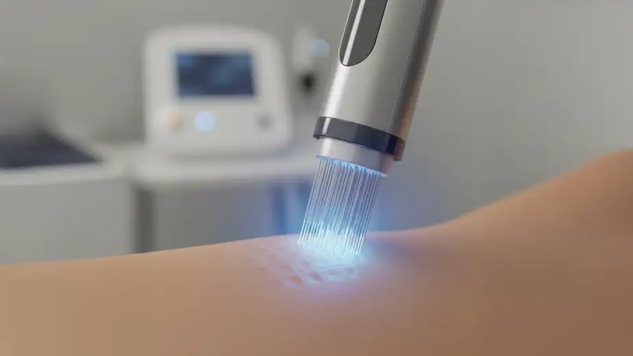 A high-tech RF Microneedling device tip touching the skin, surrounded by a blue aura of energy, illustrating the precise aesthetic treatment for skin remodeling and collagen regeneration.