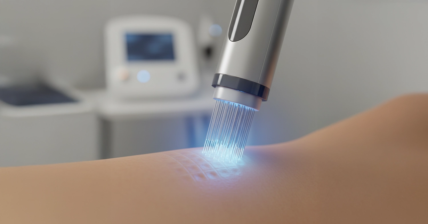 A high-tech RF Microneedling device tip touching the skin, surrounded by a blue aura of energy, illustrating the precise aesthetic treatment for skin remodeling and collagen regeneration.